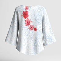 Hawaiian Tribal Tattoo and Hibiscus Kimono Sleeve Blouse Polynesian Pattern Airy White Blue Cloud