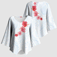Hawaiian Tribal Tattoo and Hibiscus Kimono Sleeve Blouse Polynesian Pattern Airy White Blue Cloud