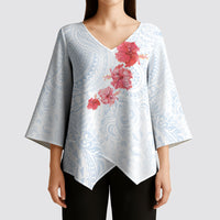 Hawaiian Tribal Tattoo and Hibiscus Kimono Sleeve Blouse Polynesian Pattern Airy White Blue Cloud