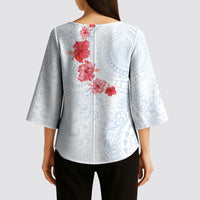 Hawaiian Tribal Tattoo and Hibiscus Kimono Sleeve Blouse Polynesian Pattern Airy White Blue Cloud