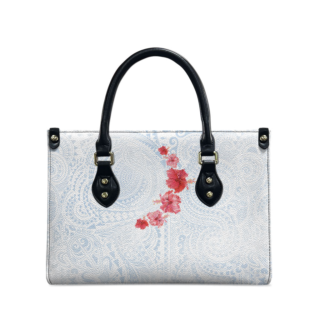 Hawaiian Tribal Tattoo and Hibiscus Leather Bag Polynesian Pattern Airy White Blue Cloud