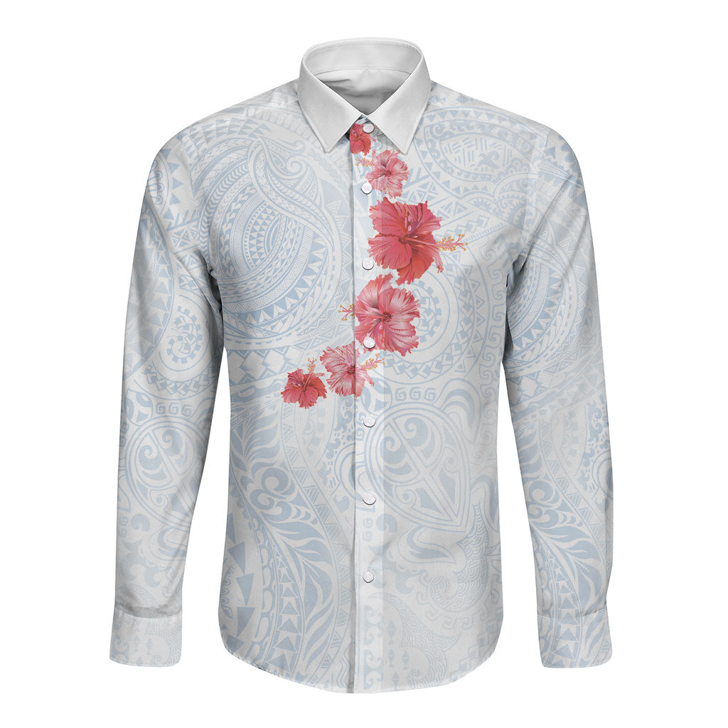 Hawaiian Tribal Tattoo and Hibiscus Long Sleeve Button Shirt Polynesian Pattern Airy White Blue Cloud