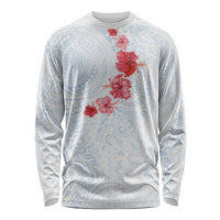 Hawaiian Tribal Tattoo and Hibiscus Long Sleeve Shirt Polynesian Pattern Airy White Blue Cloud