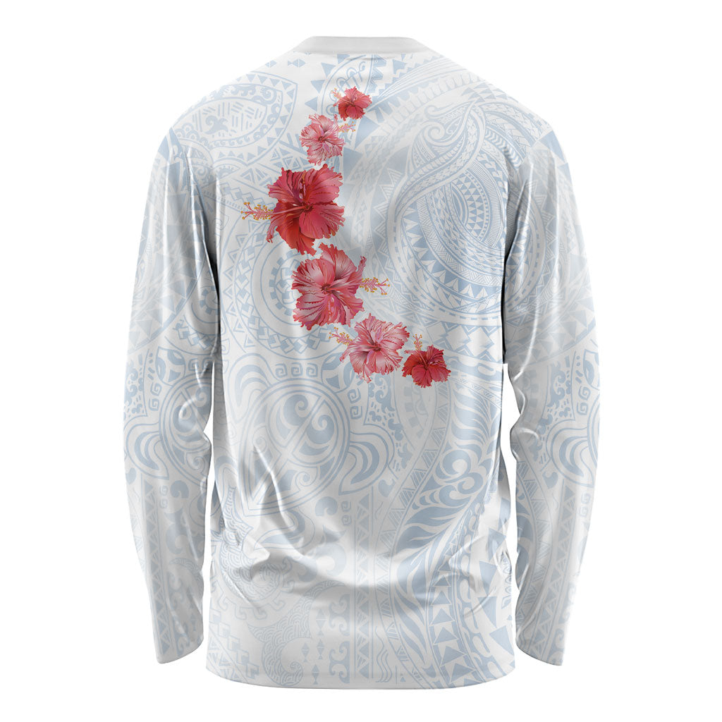 Hawaiian Tribal Tattoo and Hibiscus Long Sleeve Shirt Polynesian Pattern Airy White Blue Cloud