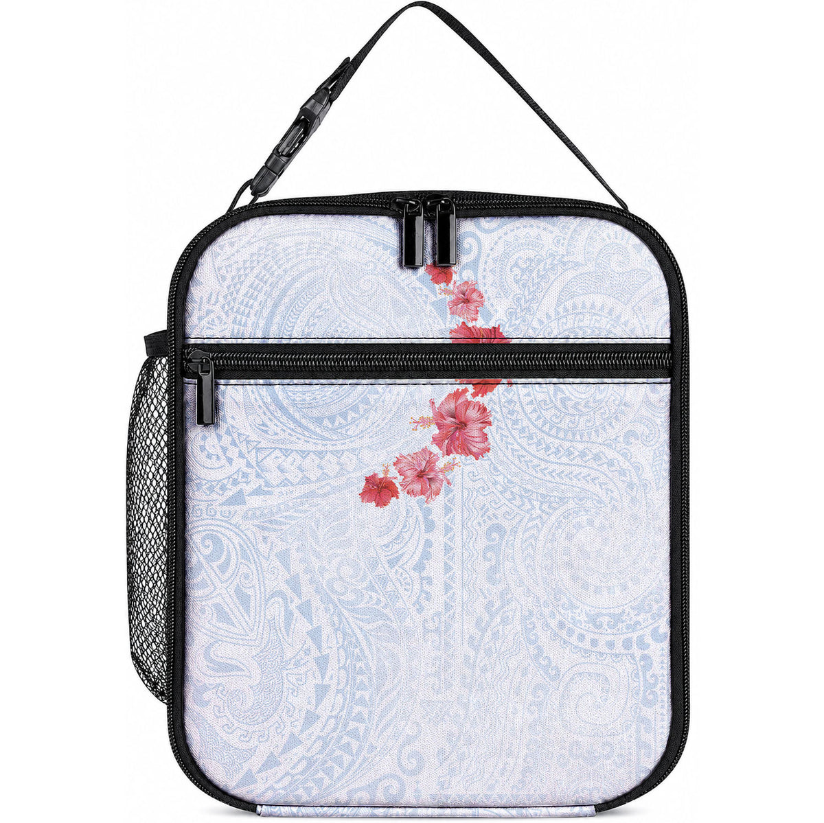 Hawaiian Tribal Tattoo and Hibiscus Lunch Bag Polynesian Pattern Airy White Blue Cloud