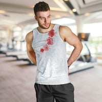 Hawaiian Tribal Tattoo and Hibiscus Men Tank Top Polynesian Pattern Airy White Blue Cloud