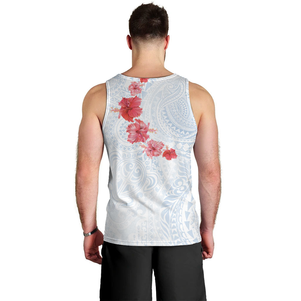 Hawaiian Tribal Tattoo and Hibiscus Men Tank Top Polynesian Pattern Airy White Blue Cloud