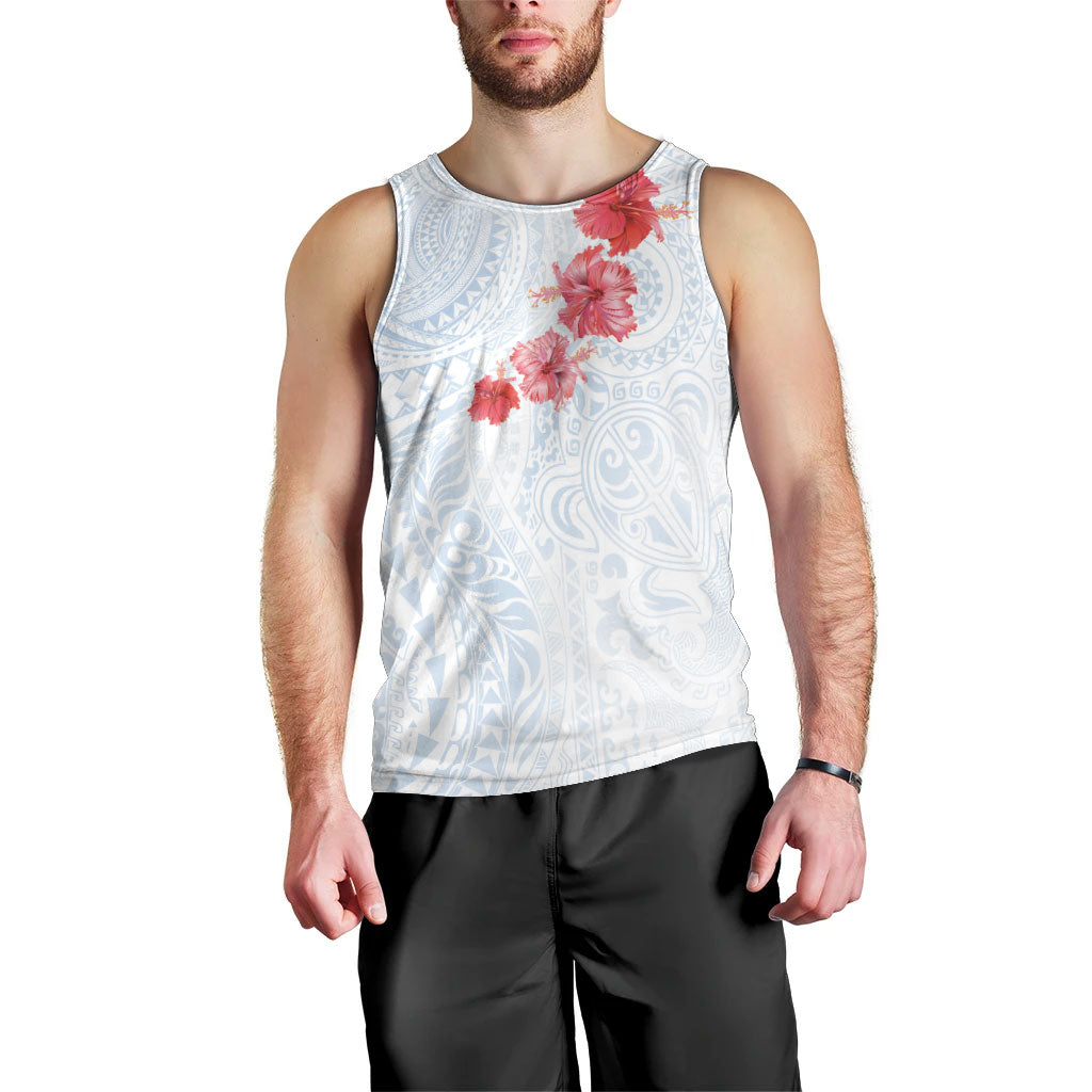 Hawaiian Tribal Tattoo and Hibiscus Men Tank Top Polynesian Pattern Airy White Blue Cloud