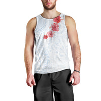 Hawaiian Tribal Tattoo and Hibiscus Men Tank Top Polynesian Pattern Airy White Blue Cloud