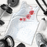 Hawaiian Tribal Tattoo and Hibiscus Men Tank Top Polynesian Pattern Airy White Blue Cloud