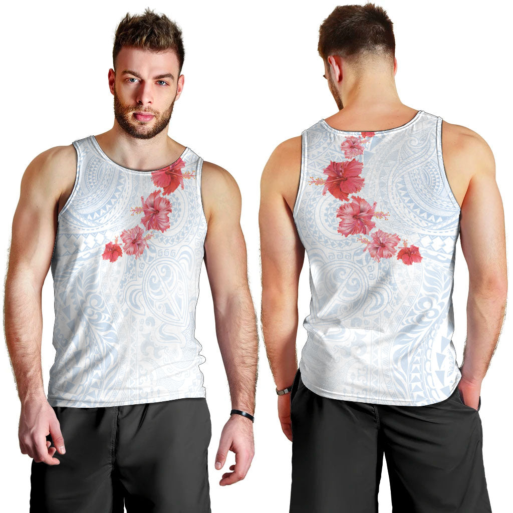 Hawaiian Tribal Tattoo and Hibiscus Men Tank Top Polynesian Pattern Airy White Blue Cloud