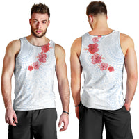 Hawaiian Tribal Tattoo and Hibiscus Men Tank Top Polynesian Pattern Airy White Blue Cloud