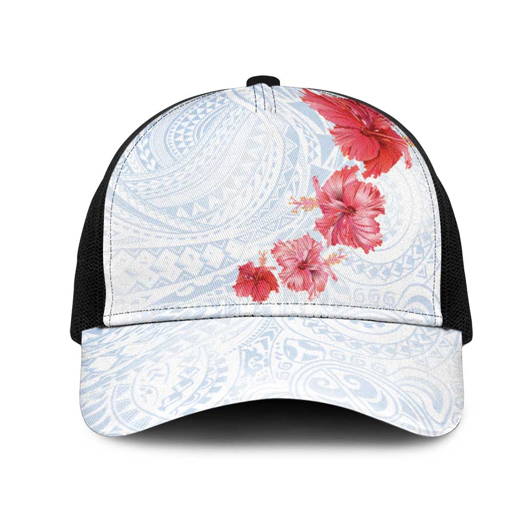 Hawaiian Tribal Tattoo and Hibiscus Mesh Trucker Cap Polynesian Pattern Airy White Blue Cloud