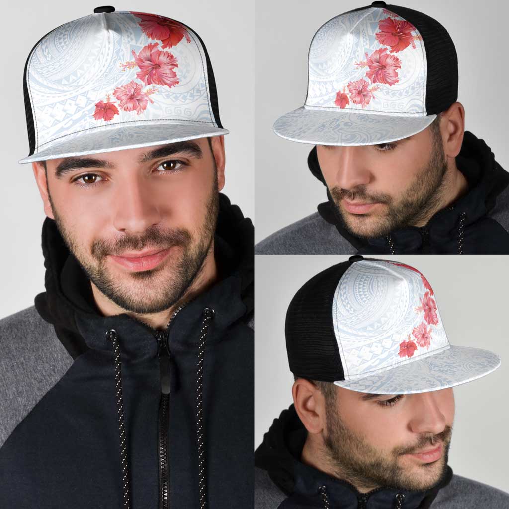 Hawaiian Tribal Tattoo and Hibiscus Mesh Trucker Cap Polynesian Pattern Airy White Blue Cloud
