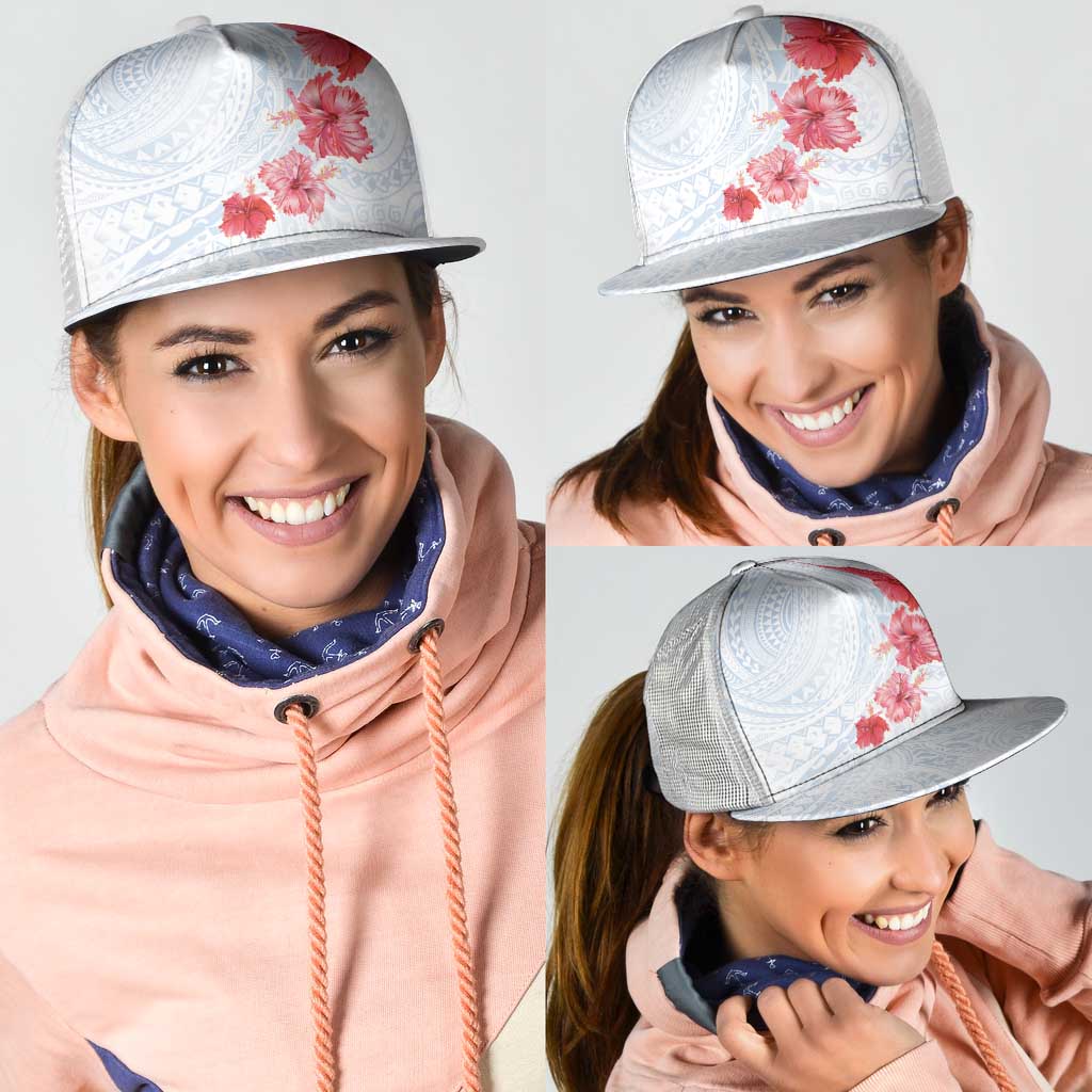 Hawaiian Tribal Tattoo and Hibiscus Mesh Trucker Cap Polynesian Pattern Airy White Blue Cloud