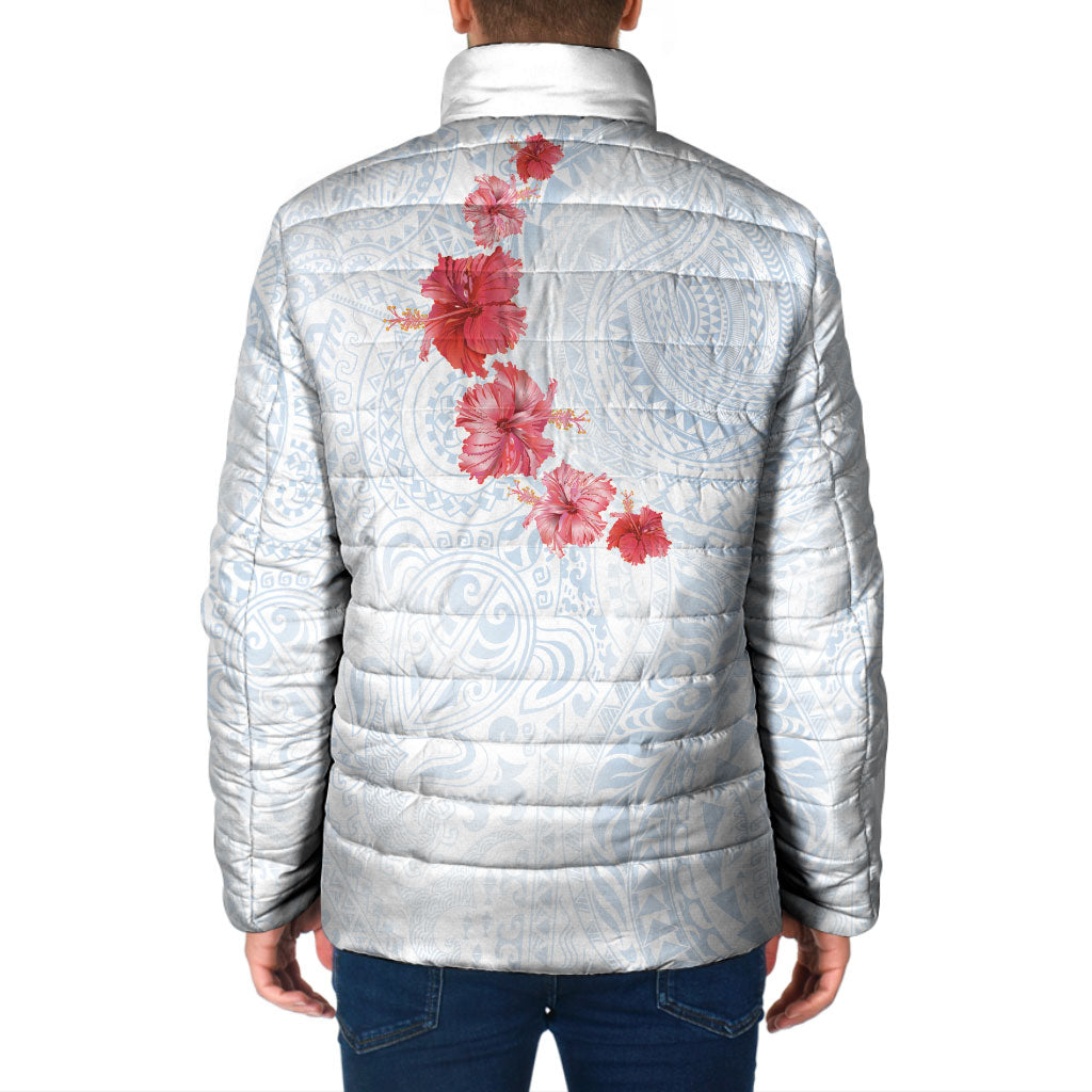 Hawaiian Tribal Tattoo and Hibiscus Padded Jacket Polynesian Pattern Airy White Blue Cloud