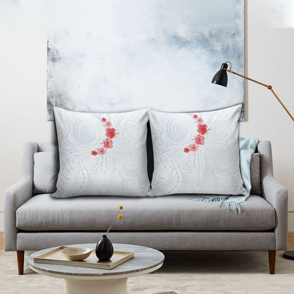Hawaiian Tribal Tattoo and Hibiscus Pillow Cover Polynesian Pattern Airy White Blue Cloud
