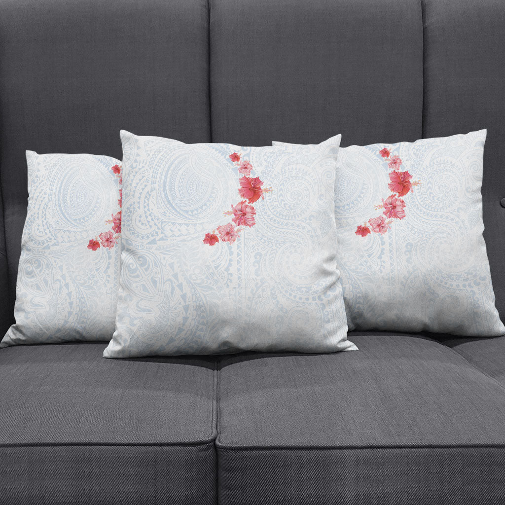 Hawaiian Tribal Tattoo and Hibiscus Pillow Cover Polynesian Pattern Airy White Blue Cloud