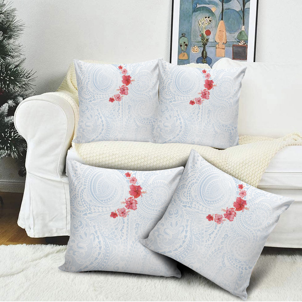 Hawaiian Tribal Tattoo and Hibiscus Pillow Cover Polynesian Pattern Airy White Blue Cloud
