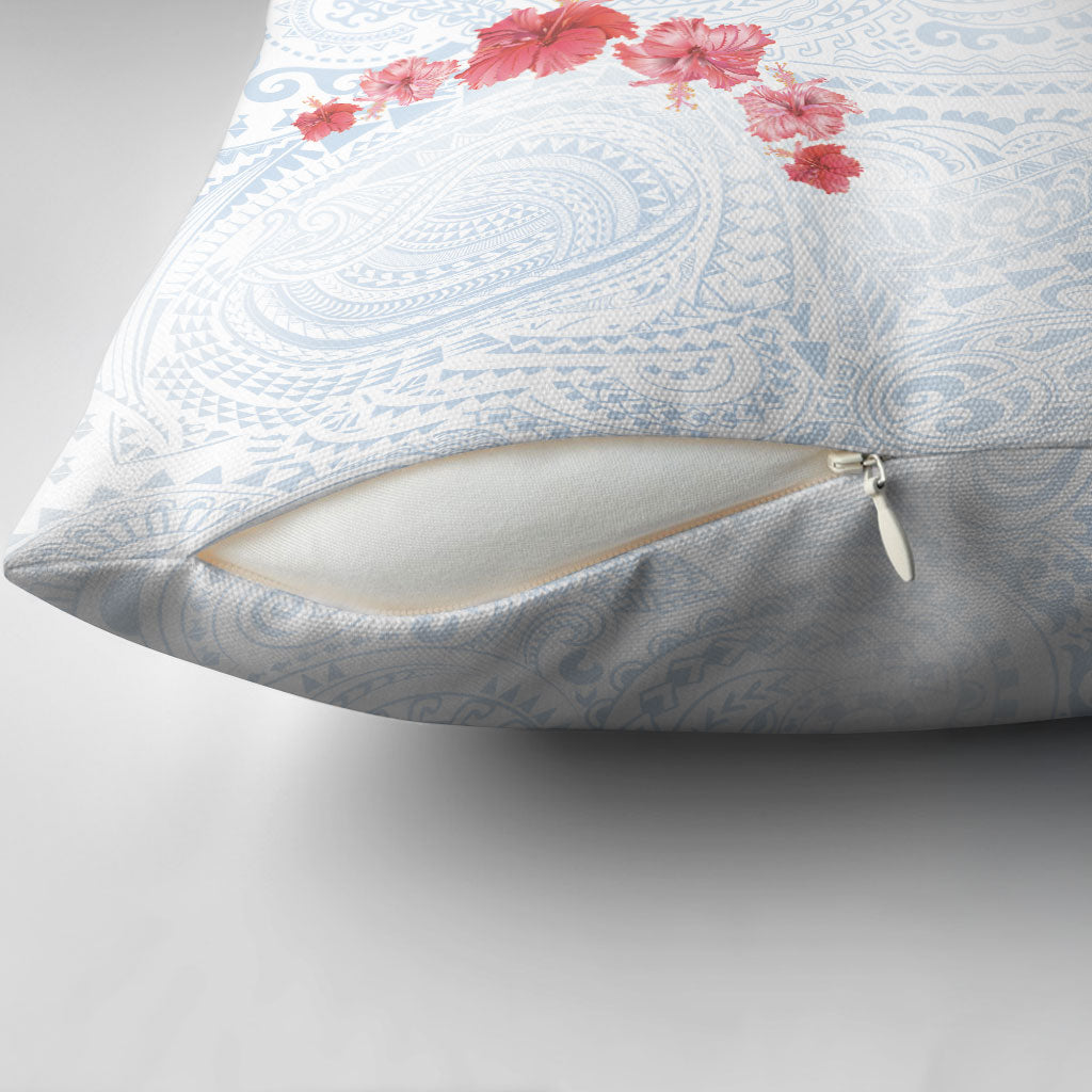 Hawaiian Tribal Tattoo and Hibiscus Pillow Cover Polynesian Pattern Airy White Blue Cloud
