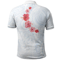 Hawaiian Tribal Tattoo and Hibiscus Polo Shirt Polynesian Pattern Airy White Blue Cloud