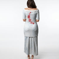 Hawaiian Tribal Tattoo and Hibiscus Puletasi Polynesian Pattern Airy White Blue Cloud
