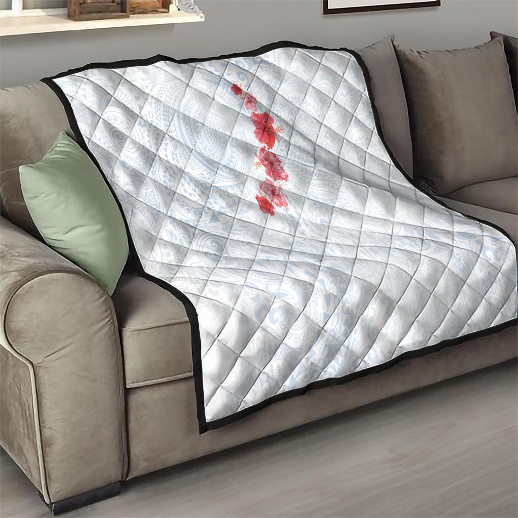 Hawaiian Tribal Tattoo and Hibiscus Quilt Polynesian Pattern Airy White Blue Cloud