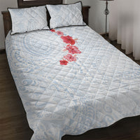 Hawaiian Tribal Tattoo and Hibiscus Quilt Bed Set Polynesian Pattern Airy White Blue Cloud