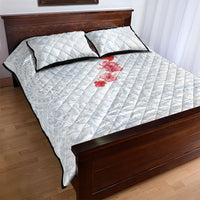 Hawaiian Tribal Tattoo and Hibiscus Quilt Bed Set Polynesian Pattern Airy White Blue Cloud