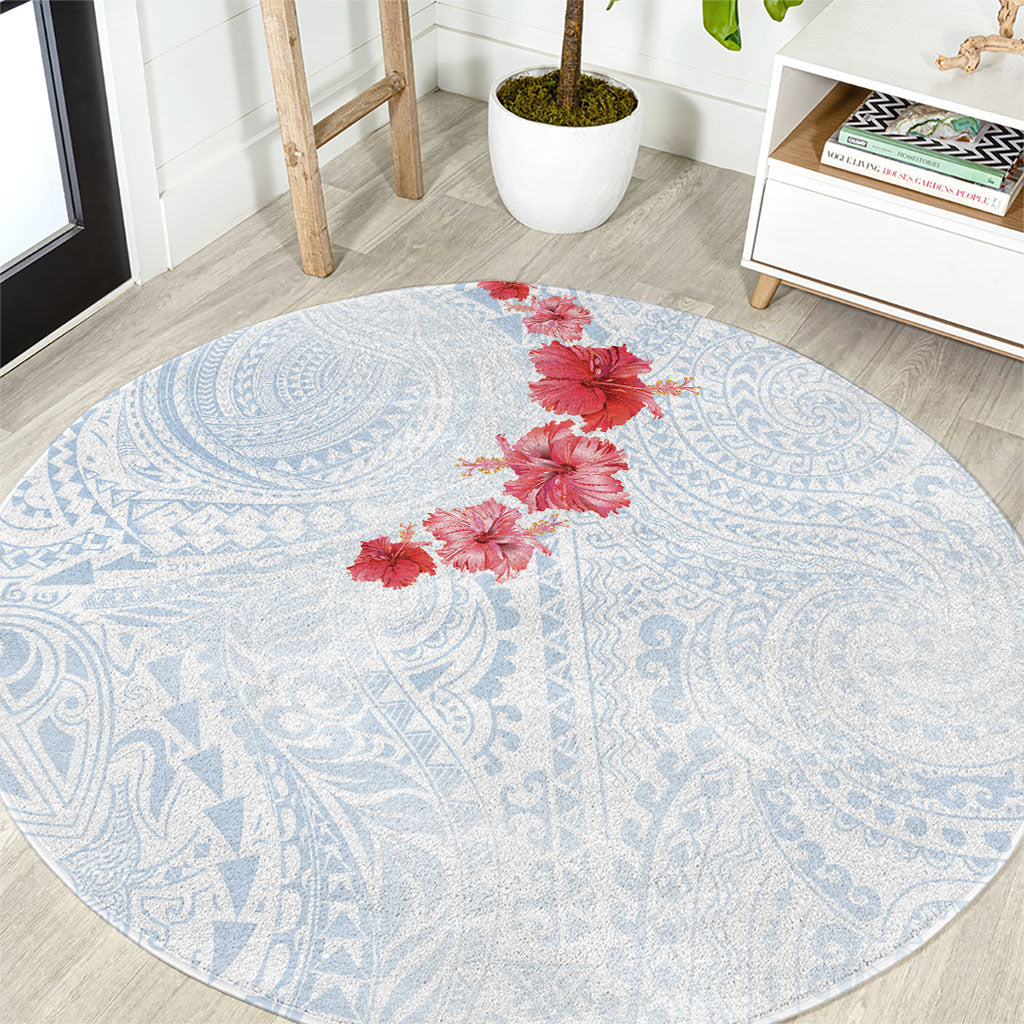 Hawaiian Tribal Tattoo and Hibiscus Round Carpet Polynesian Pattern Airy White Blue Cloud