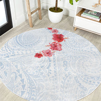 Hawaiian Tribal Tattoo and Hibiscus Round Carpet Polynesian Pattern Airy White Blue Cloud