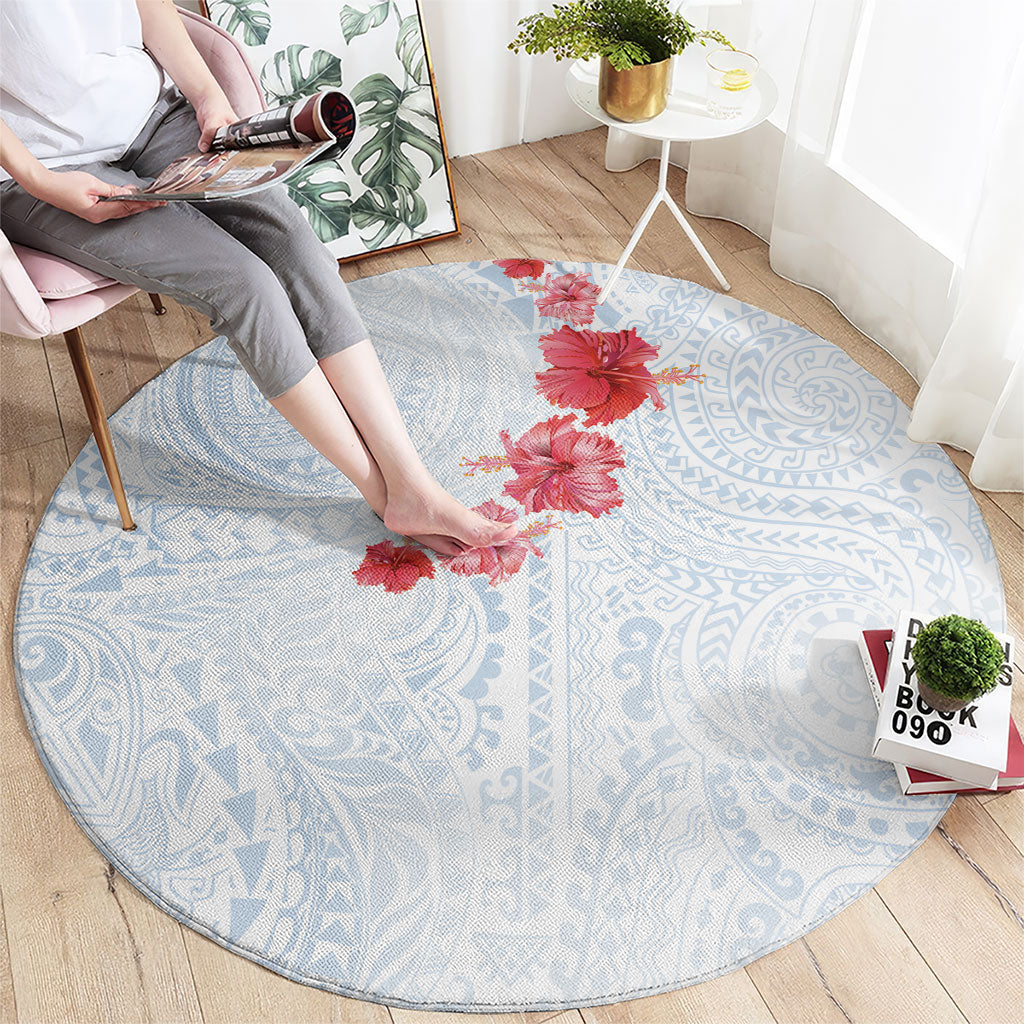 Hawaiian Tribal Tattoo and Hibiscus Round Carpet Polynesian Pattern Airy White Blue Cloud