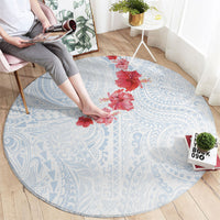 Hawaiian Tribal Tattoo and Hibiscus Round Carpet Polynesian Pattern Airy White Blue Cloud