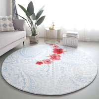 Hawaiian Tribal Tattoo and Hibiscus Round Carpet Polynesian Pattern Airy White Blue Cloud