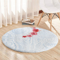 Hawaiian Tribal Tattoo and Hibiscus Round Carpet Polynesian Pattern Airy White Blue Cloud