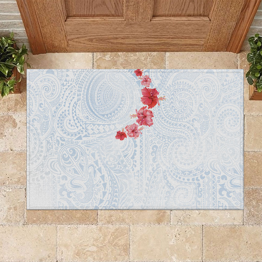Hawaiian Tribal Tattoo and Hibiscus Rubber Doormat Polynesian Pattern Airy White Blue Cloud