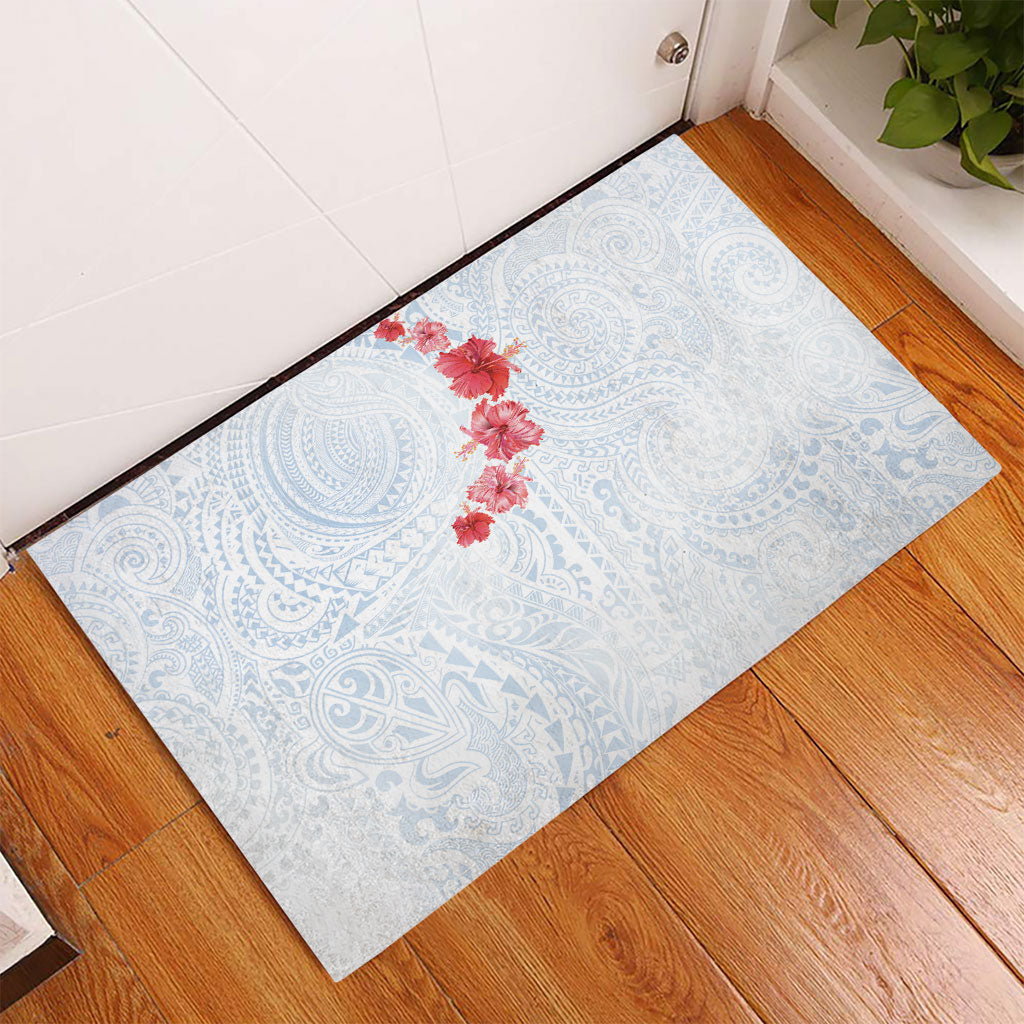 Hawaiian Tribal Tattoo and Hibiscus Rubber Doormat Polynesian Pattern Airy White Blue Cloud