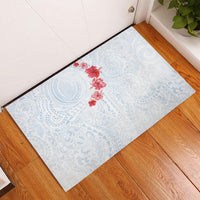Hawaiian Tribal Tattoo and Hibiscus Rubber Doormat Polynesian Pattern Airy White Blue Cloud