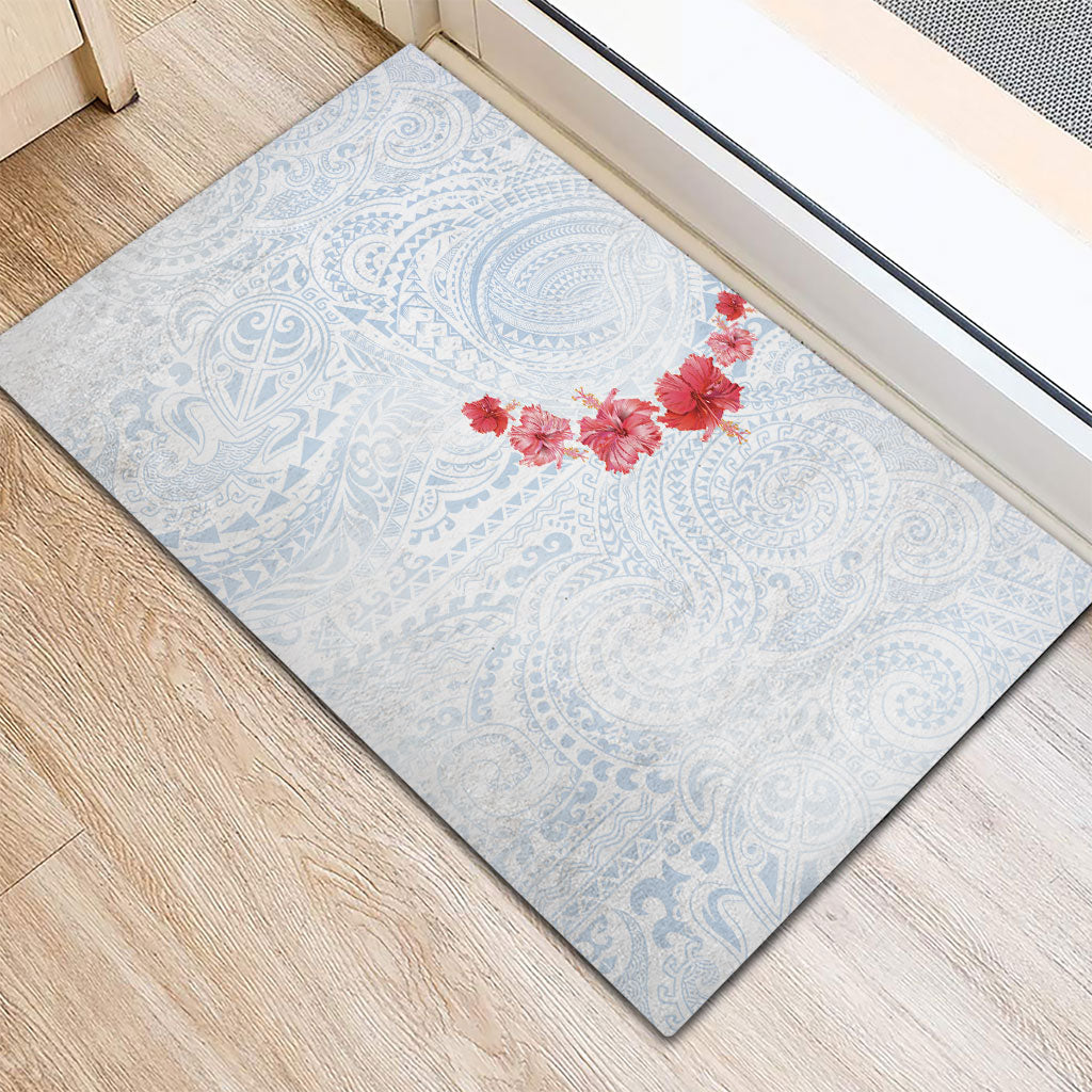 Hawaiian Tribal Tattoo and Hibiscus Rubber Doormat Polynesian Pattern Airy White Blue Cloud