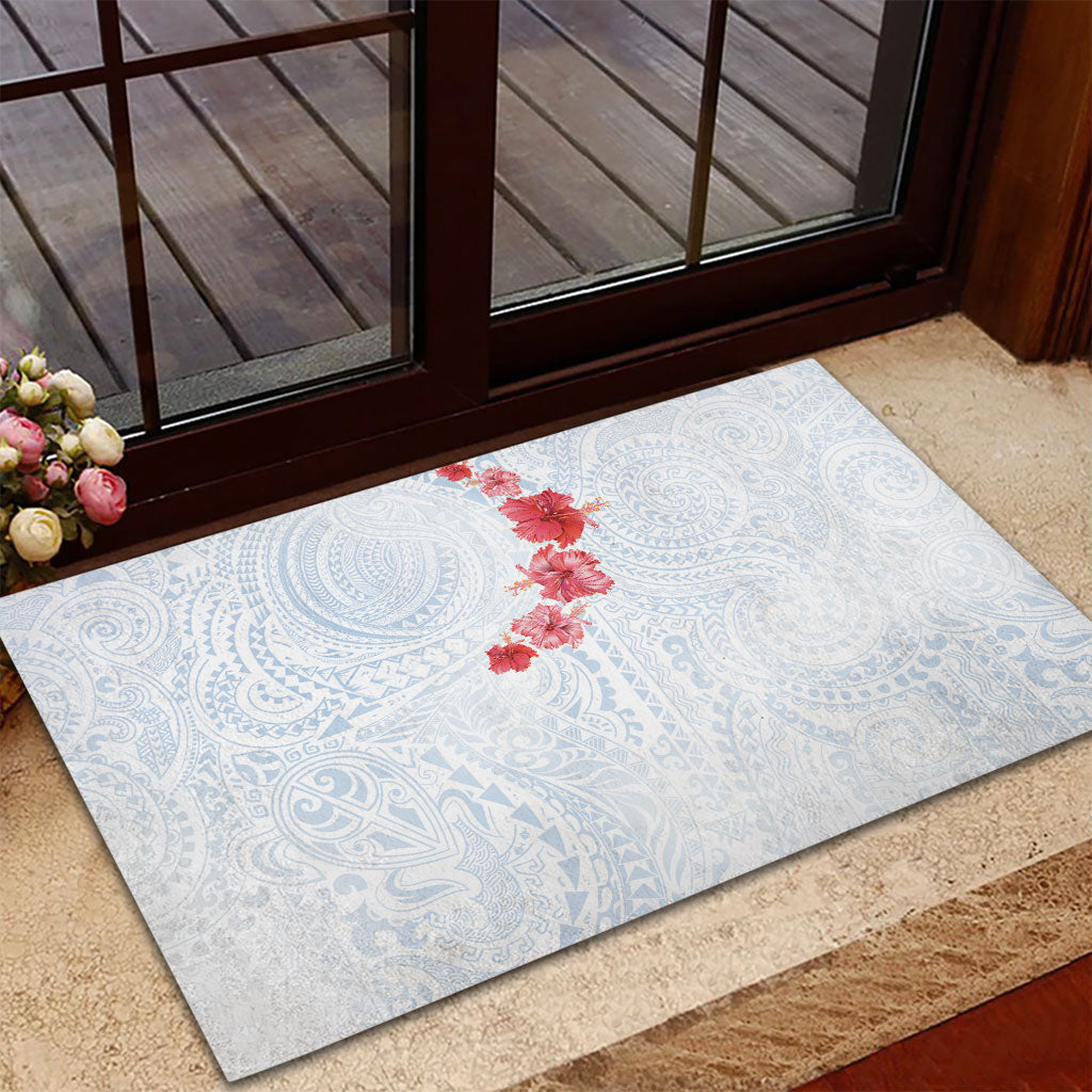 Hawaiian Tribal Tattoo and Hibiscus Rubber Doormat Polynesian Pattern Airy White Blue Cloud