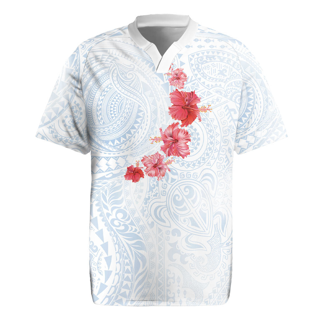 Hawaiian Tribal Tattoo and Hibiscus Rugby Jersey Polynesian Pattern Airy White Blue Cloud