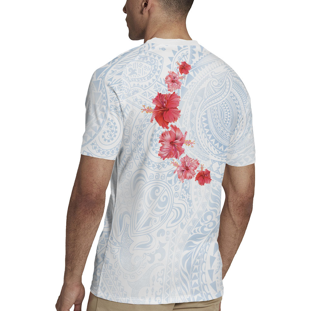 Hawaiian Tribal Tattoo and Hibiscus Rugby Jersey Polynesian Pattern Airy White Blue Cloud
