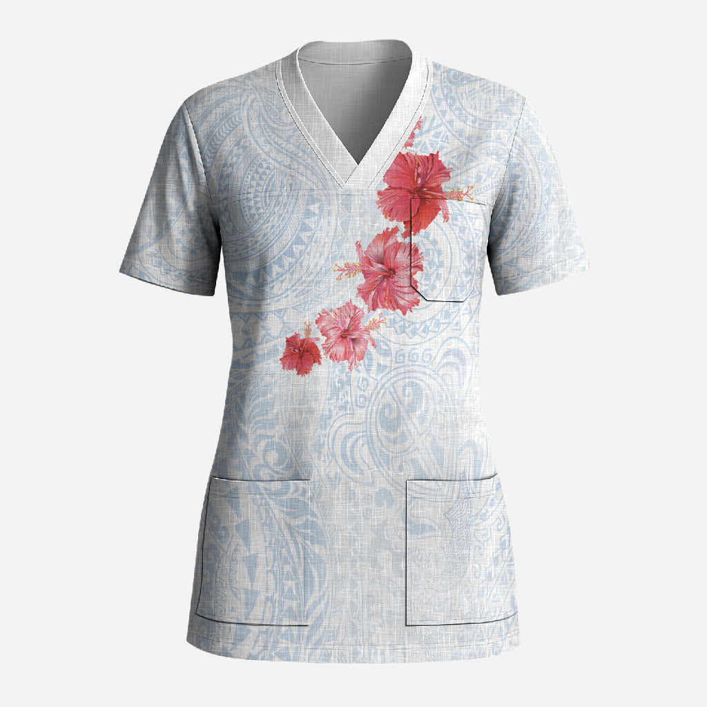 Hawaiian Tribal Tattoo and Hibiscus Scrub Top Polynesian Pattern Airy White Blue Cloud