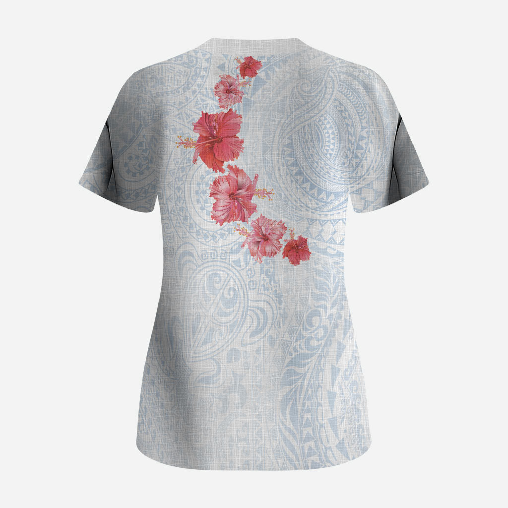 Hawaiian Tribal Tattoo and Hibiscus Scrub Top Polynesian Pattern Airy White Blue Cloud