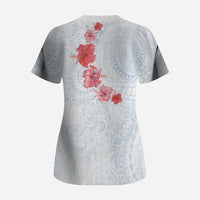 Hawaiian Tribal Tattoo and Hibiscus Scrub Top Polynesian Pattern Airy White Blue Cloud