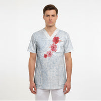 Hawaiian Tribal Tattoo and Hibiscus Scrub Top Polynesian Pattern Airy White Blue Cloud