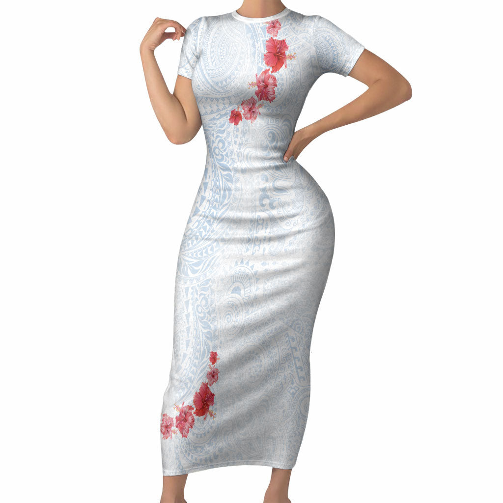 Hawaiian Tribal Tattoo and Hibiscus Short Sleeve Bodycon Dress Polynesian Pattern Airy White Blue Cloud
