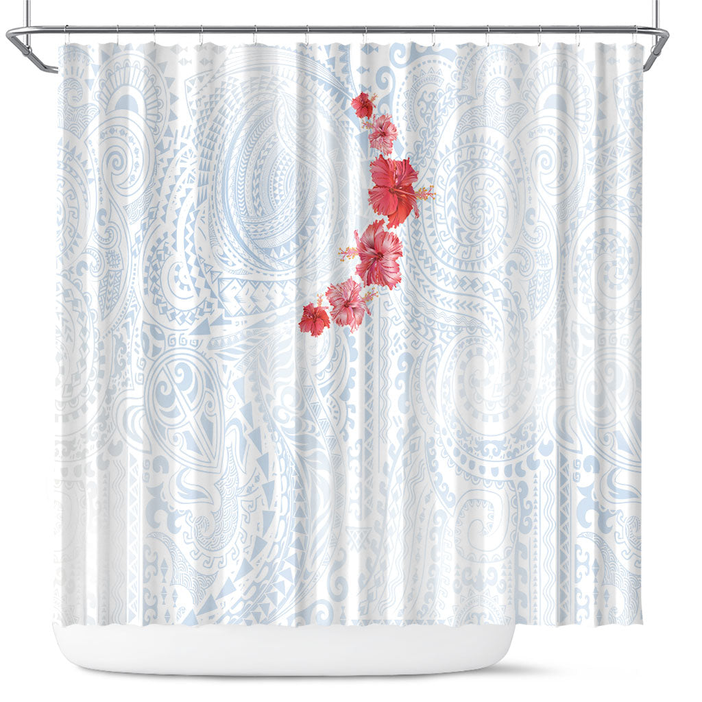 Hawaiian Tribal Tattoo and Hibiscus Shower Curtain Polynesian Pattern Airy White Blue Cloud