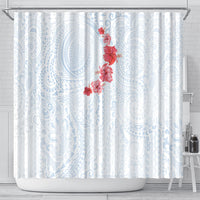 Hawaiian Tribal Tattoo and Hibiscus Shower Curtain Polynesian Pattern Airy White Blue Cloud