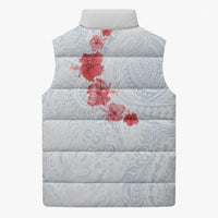 Hawaiian Tribal Tattoo and Hibiscus Sleeveless Puffer Jacket Polynesian Pattern Airy White Blue Cloud